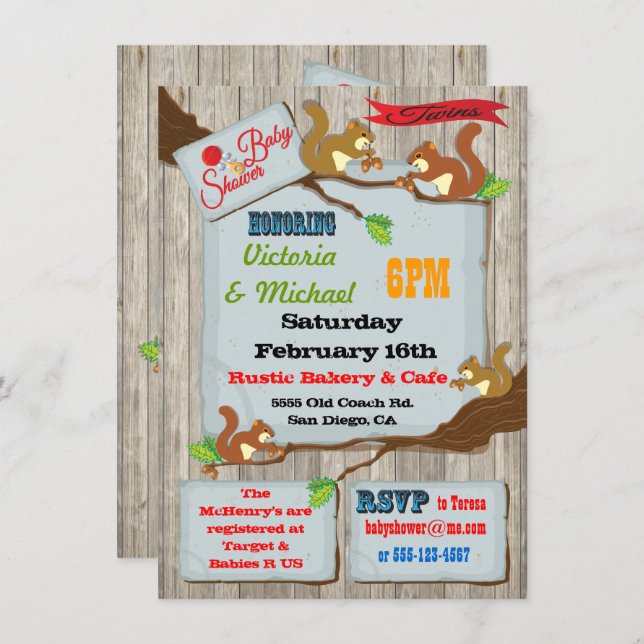 Rustic Squirrels Twins Baby Shower Invitations (Front/Back)