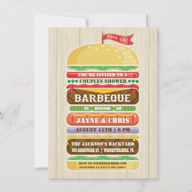 Rustic Stacked Hamburger Couples Shower BBQ Invitation (Front)