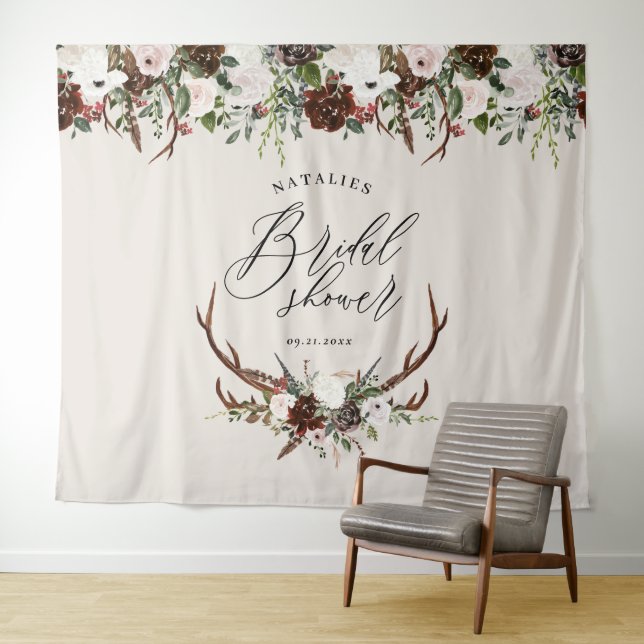 Rustic stag burgundy floral bridal shower elegant tapestry (In Situ (Horizontal))