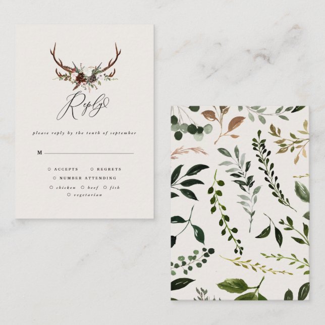 Rustic stag floral burgundy wedding RSVP Card (Front/Back)