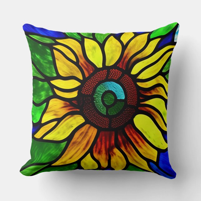 Rustic Stained Glass Look Country Sunflower Cushion (Front)