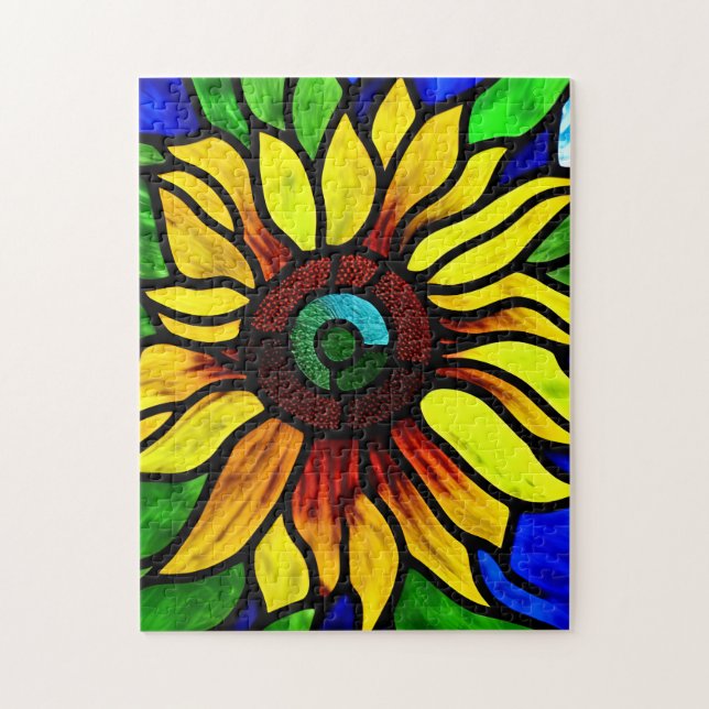 Rustic Stained Glass Look Country Sunflower Jigsaw Puzzle (Vertical)