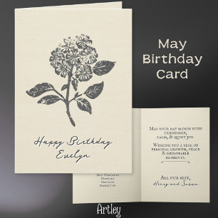 Rustic Stamped Hawthorn May Birth Flower Linen Card
