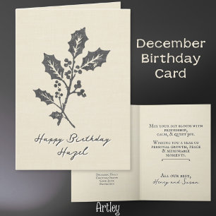 Rustic Stamped Holly December Birth Flower Linen Card
