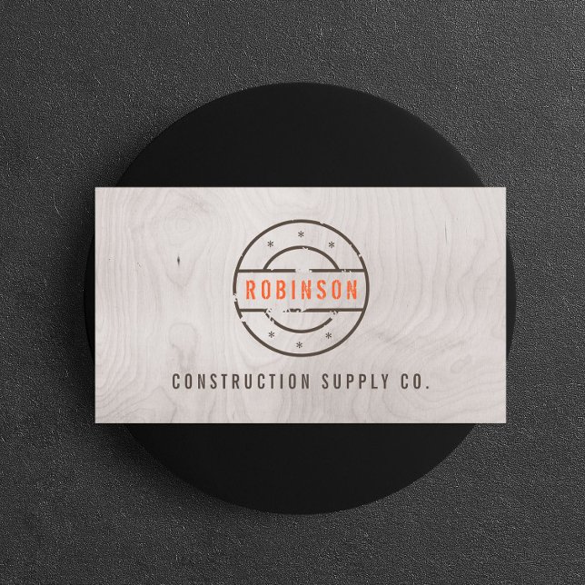 Rustic Stamped Logo on Grey Woodgrain Construction Business Card (Creator Uploaded)