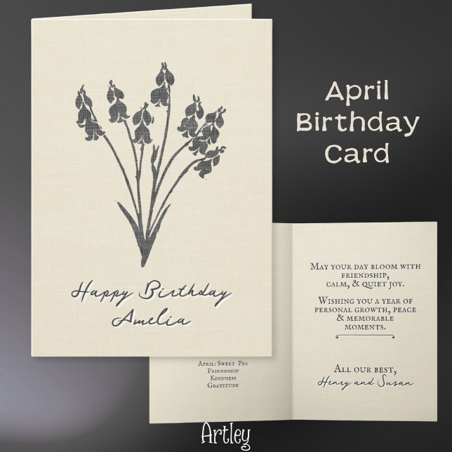 Rustic Stamped Sweet Pea April Birth Flower Linen Card (Creator Uploaded)