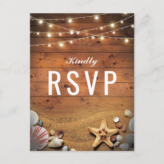 Rustic Starfish Beach Lights Tropical Wedding RSVP Invitation Postcard (Front)