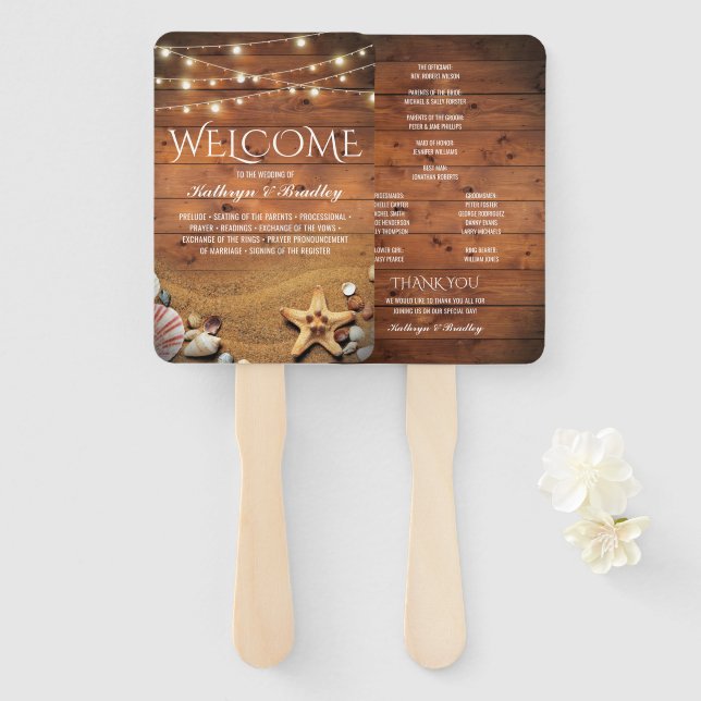 Rustic Starfish Beach Lights Wedding Program Hand Fan (Front and Back)