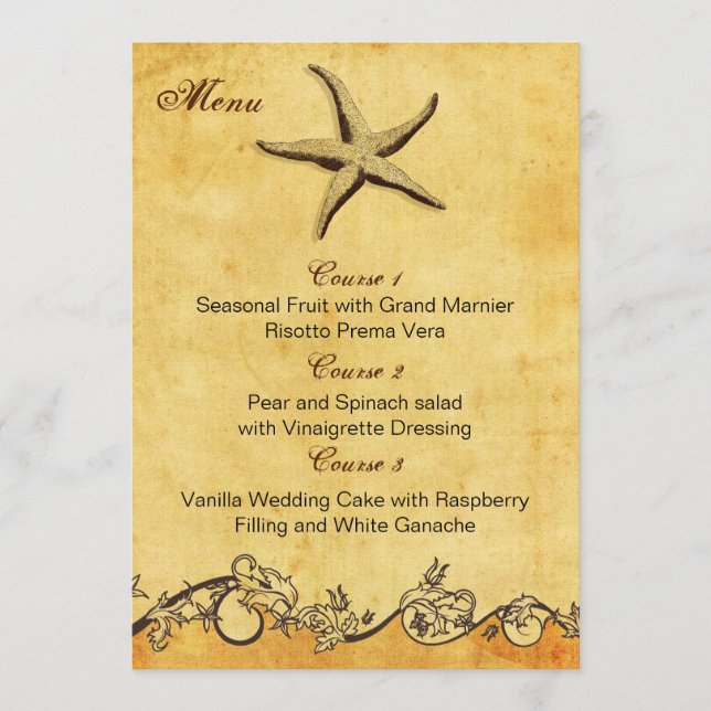 rustic starfish beach wedding menu cards (Front)