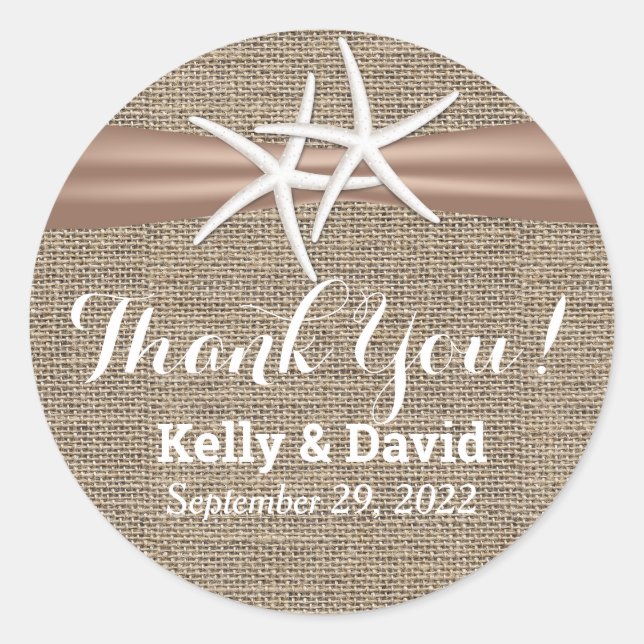Rustic Starfish & Burlap Wedding Favour Classic Round Sticker (Front)