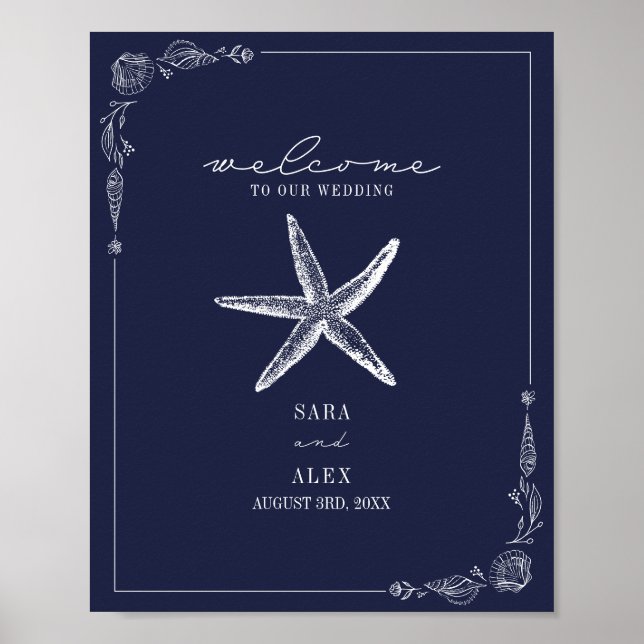 Rustic Starfish Dark Blue Beach Wedding Welcome Poster (Front)