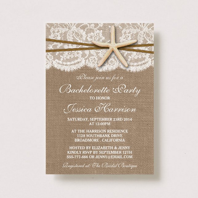 Rustic Starfish On Burlap Beach Bachelorette Party Invitation (Creator Uploaded)
