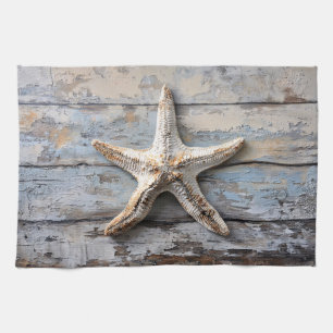 Rustic Starfish on Weathered Wood Tea Towel