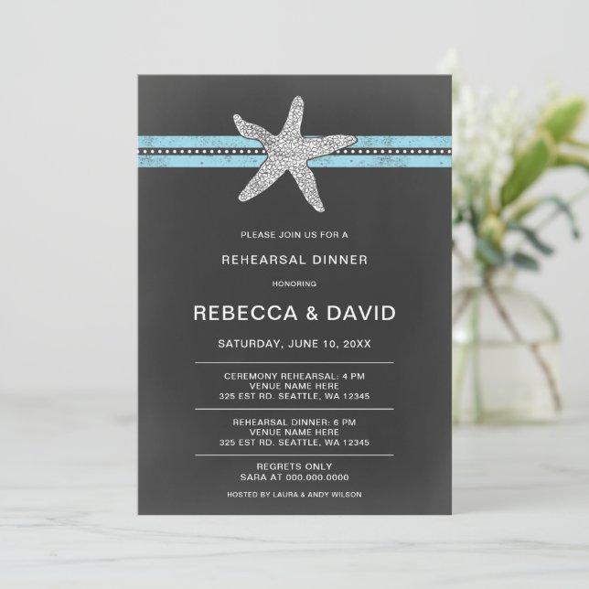 Rustic Starfish Sea Ocean Beach Rehearsal Dinner Invitation (Standing Front)