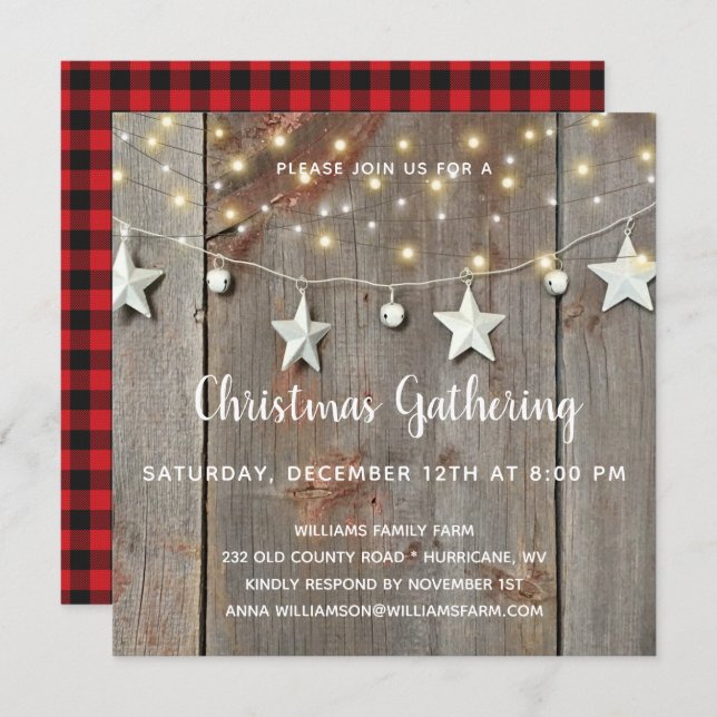 Rustic Stars & Lights on Barnwood Christmas Party Invitation (Front/Back)