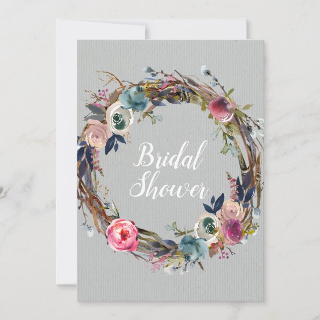 Rustic Stick Floral Wreath Modern Bridal Shower Invitation (Front)