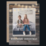 Rustic Sting Lights Merriest Christmas 2 Photos Holiday Card<br><div class="desc">Design features rustic dark wood print,  string light decorating your favourite photo. Another photo in the back with customisable message.</div>