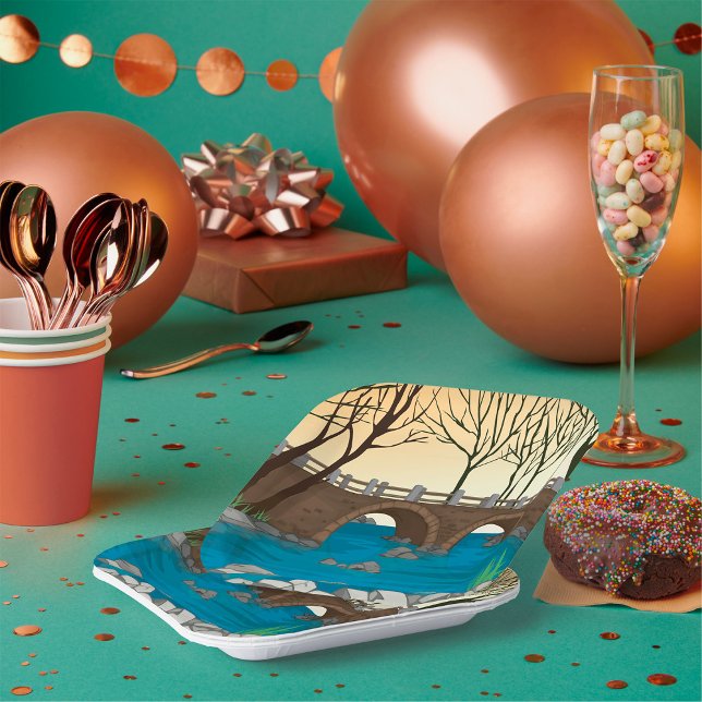 Rustic Stone Bridge Over River Nature Landscape  Paper Plate (Creator Uploaded)