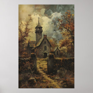 Rustic Stone Gothic Church Art, Vintage Autumn Poster