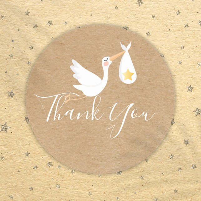 Rustic Stork Gold Star Baby Shower Thank You Classic Round Sticker (Rustic Stork Gold Star Baby Shower Thank You Classic Round Sticker)