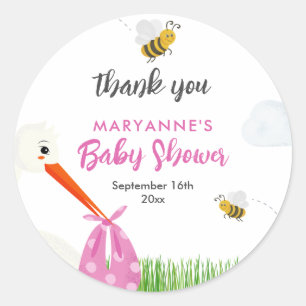 Rustic Stork with Bee & Butterfly Girl Baby Shower Classic Round Sticker