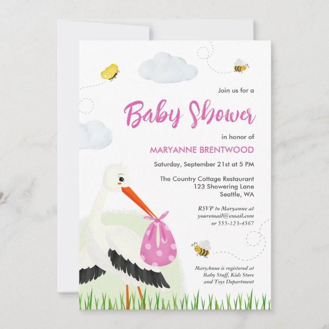 Rustic Stork with Bee & Butterfly Girl Baby Shower Invitation (Front)