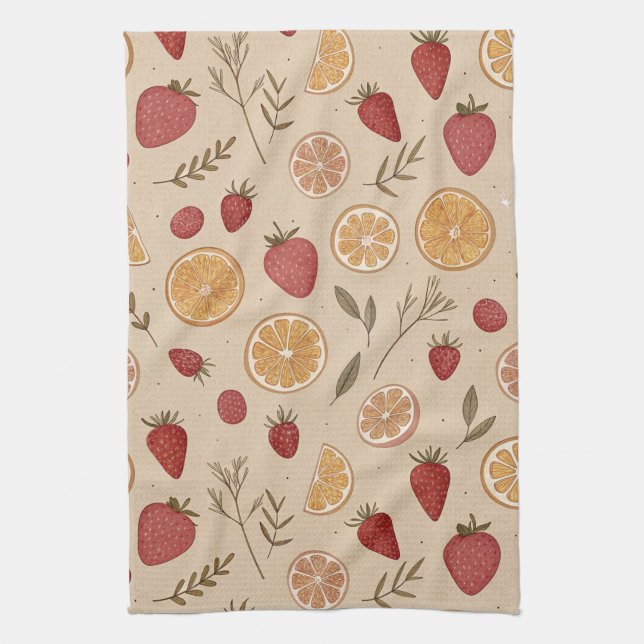 Rustic Strawberry & Citrus Earthy Pattern (5) Tea Towel (Vertical)