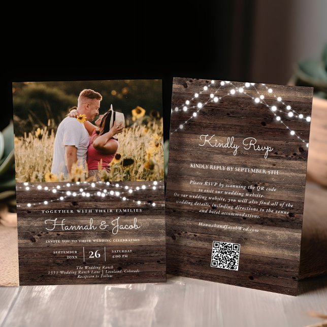 Rustic String Light Barn Wood QR Code RSVP Wedding Invitation (Creator Uploaded)