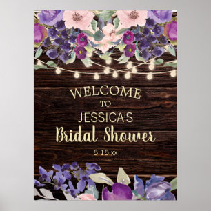 Rustic String Light Purple Floral Bridal Shower Poster