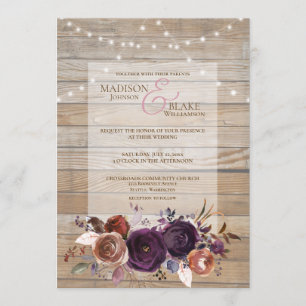 Rustic String Light Purple Floral Wedding Wood Invitation