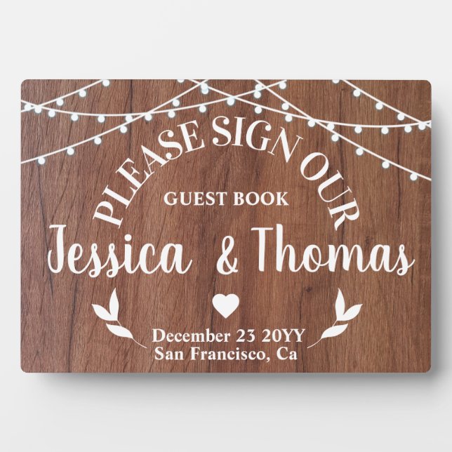 Rustic String Light wedding Guest Book sign Plaque (Front)