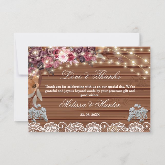 Rustic String Lights Baby's Breath Lace Wedding Thank You Card (Front)