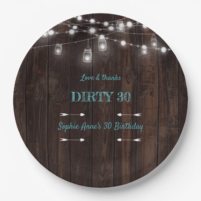 Rustic String Lights Barn Dirty 30 Birthday Party Paper Plate (Front)