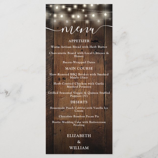 Rustic String Lights Barn Wood Wedding Menu (Front)