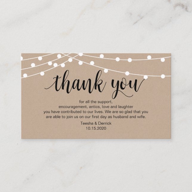 Rustic String Lights, Black, Wedding Thank you Enclosure Card (Front)