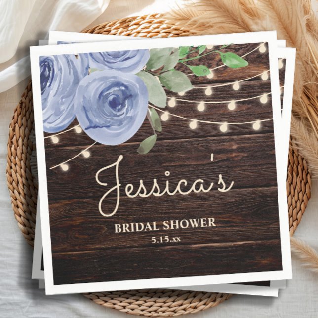 Rustic String Lights Blue Floral Bridal Shower Napkin (Dusty blue floral, string lights, and rustic wood bridal shower paper napkins)