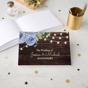 Rustic String Lights Blue Floral Wedding Guest Book