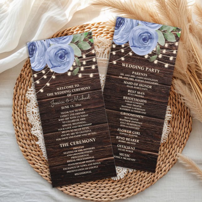 Rustic String Lights Blue Floral Wedding Program Programme (Dusty blue watercolor floral and string lights on rustic wood wedding program)