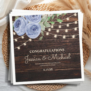 Rustic String Lights Blue Floral Wedding Reception Napkin
