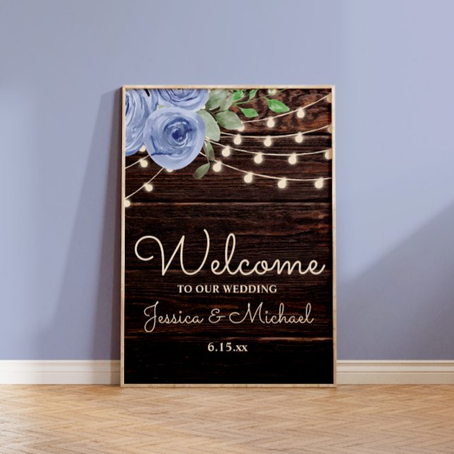 Rustic String Lights Blue Floral Wedding Welcome Poster (Rustic wood and dusty blue watercolor floral and string lights wedding Welcome sign)