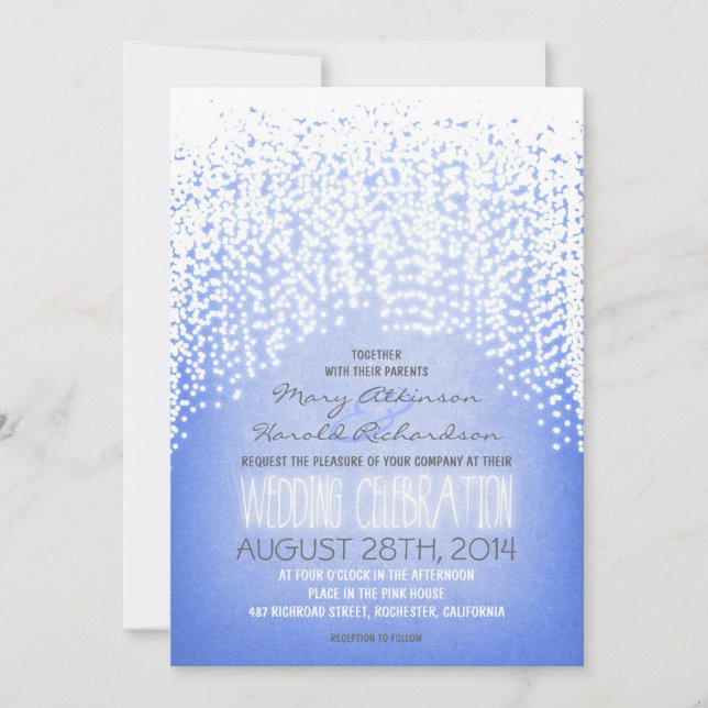 rustic string lights blue wedding invitations (Front)