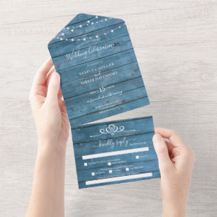 Rustic String lights blue wood Wedding all in one Invitation