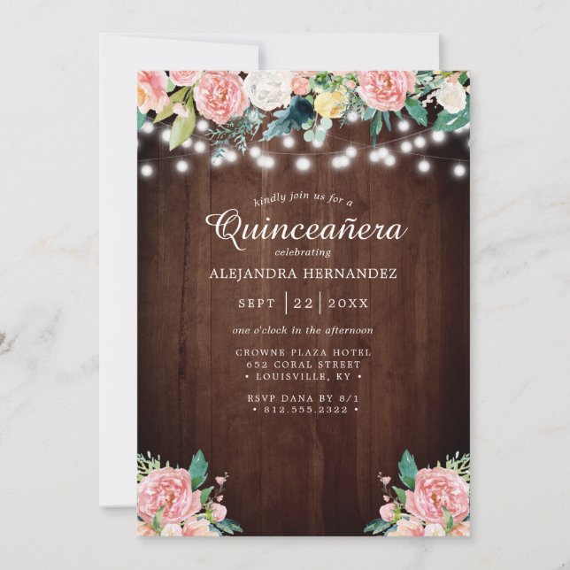 Rustic String Lights Blush Floral Quinceañera Invitation (Front)