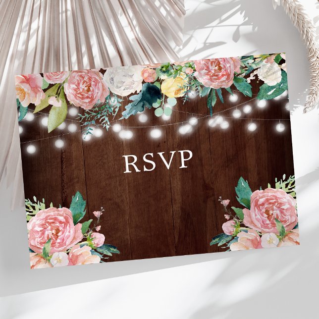 Rustic String Lights Blush Floral Wedding RSVP Postcard (Creator Uploaded)