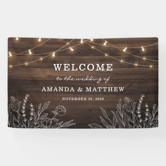 Rustic String Lights Botanical Welcome Wedding Banner (Horizontal)