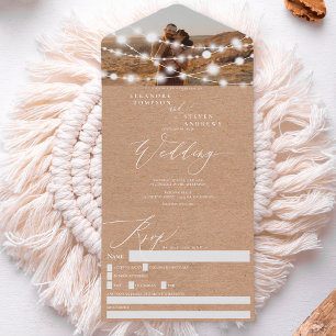 Rustic string lights brown kraft photo wedding all in one invitation