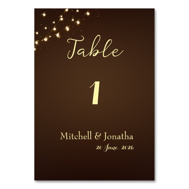 Rustic String Lights Brown Photo Wedding Table  Number (Front)