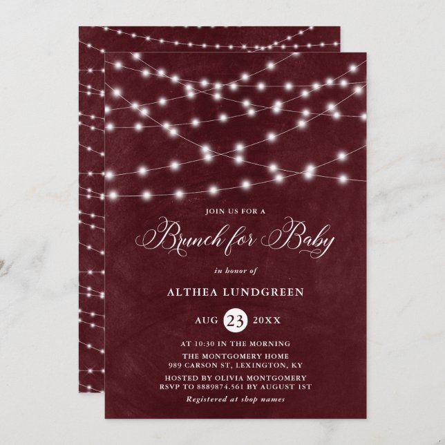 Rustic String Lights Burgundy Baby Shower Brunch Invitation (Front/Back)