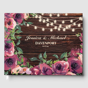Rustic String Lights Burgundy Floral Wedding Guest Book