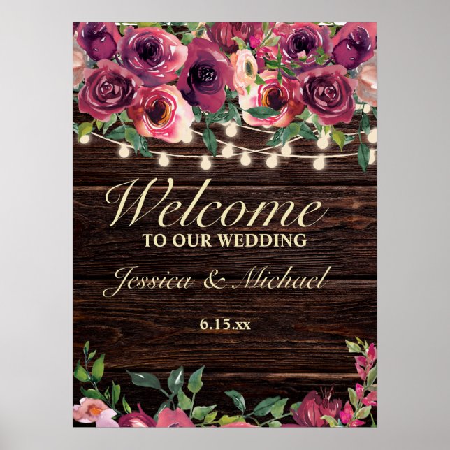 Rustic String Lights Burgundy Floral Wedding Sign (Front)